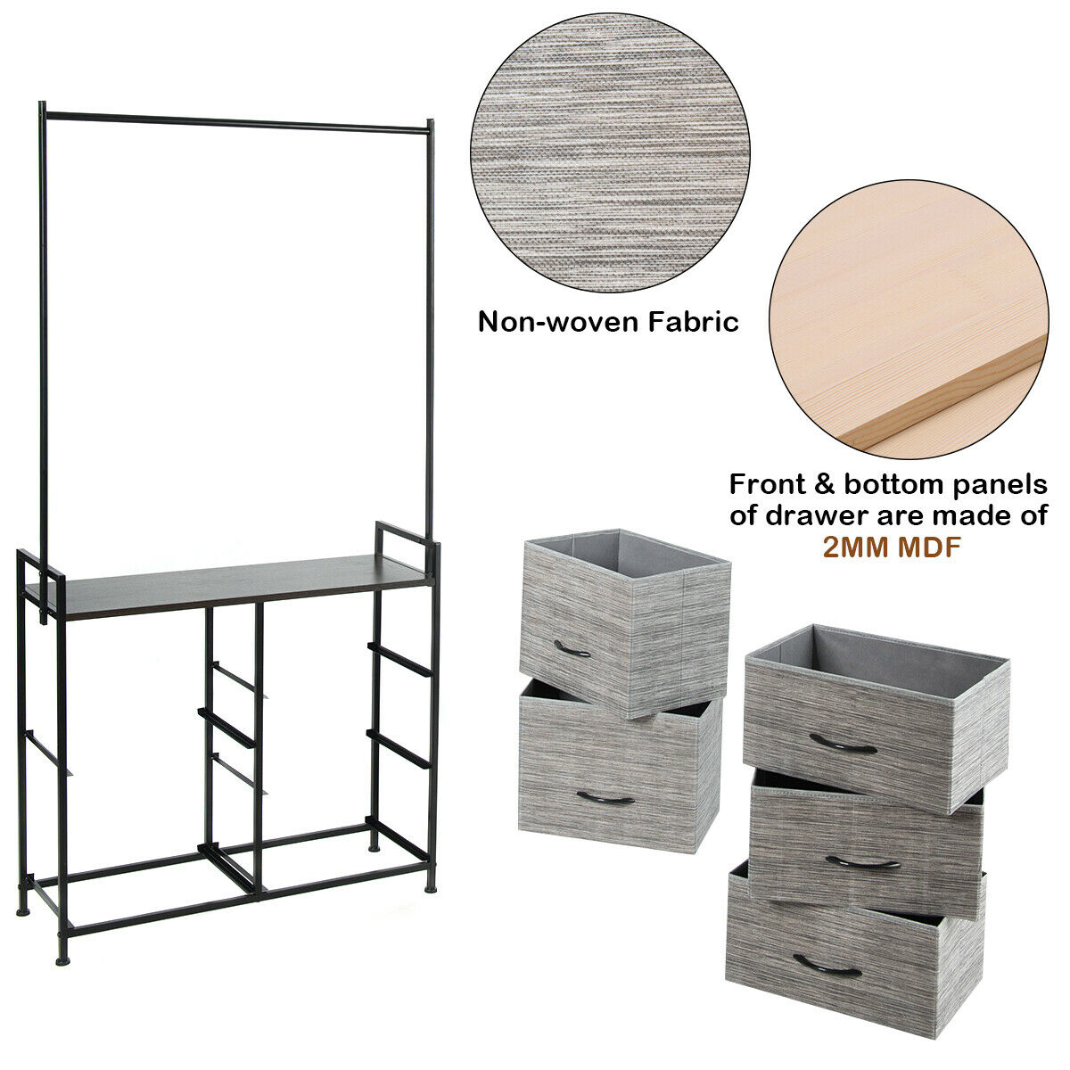 Fabric Storage Organizer with Clothes Rack and Drawers