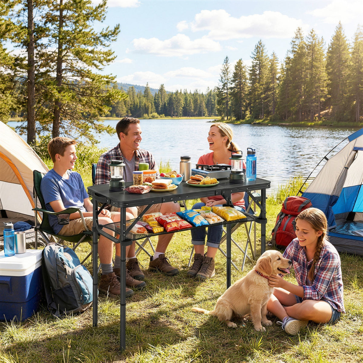 Outsunny 3ft Folding Camping Table, Picnic Table with Mesh Storage Layer, Carrying Bag and Metal Frame, Black