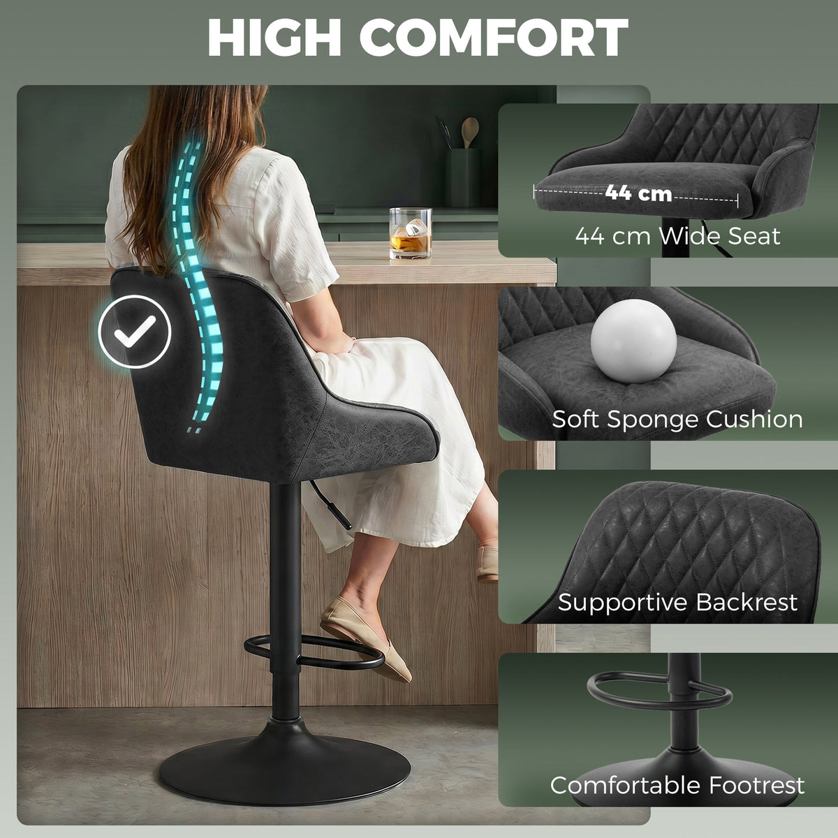 HOMCOM Bar Stools Adjustable Swivel Kitchen Chairs with Backrest Set of 2 for Kitchen Island Black