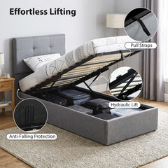 Close up of the ottoman bed's gas lift mechanism and storage space