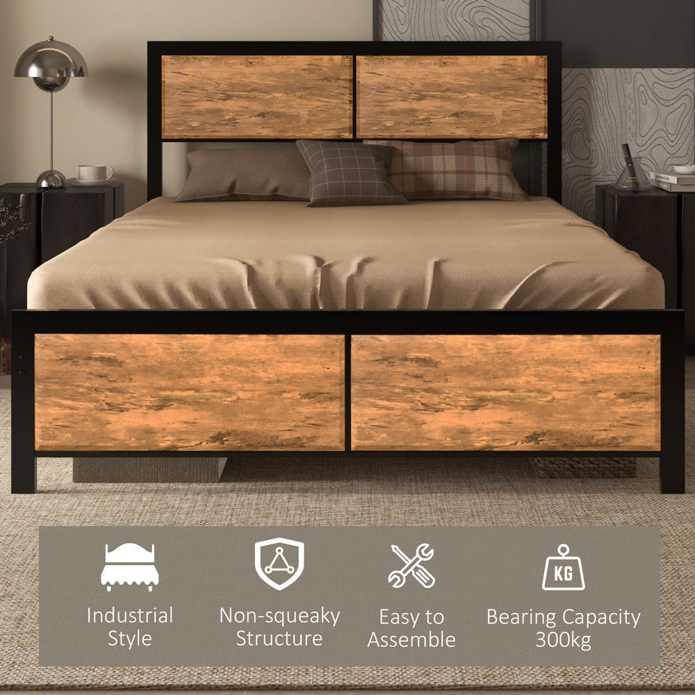 Front of the industrial double bed frame with text overlays about features