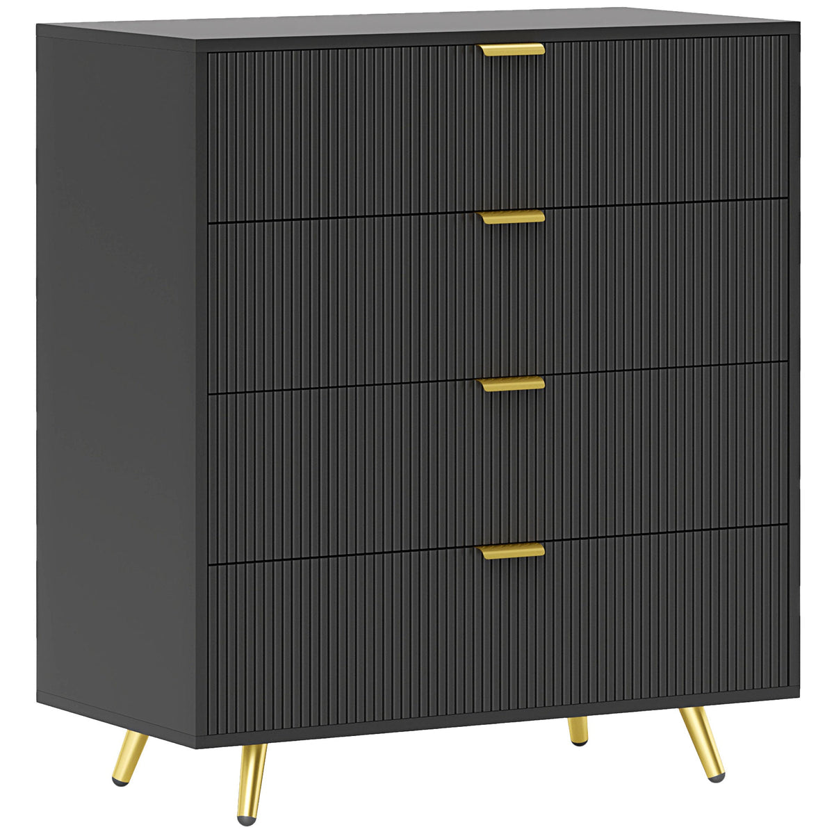 Black dresser with gold legs and handles on a white background