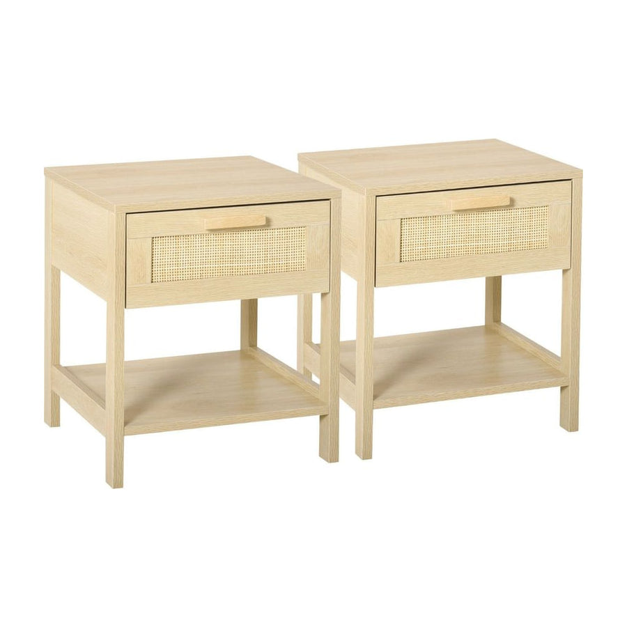 HOMCOM Bedside Table Set of 2 with Rattan Drawer, Rustic Side Tables with Storage Shelf for Bedroom, Living Room, Natural