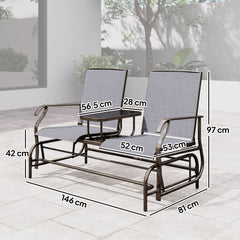 Outsunny 2 Seats Garden Glider Bench, Metal Frame Loveseat with Glass Top Centre Table, Porch Rocking Glider for 2 Person, for Deck, Patio, Brown/ Grey