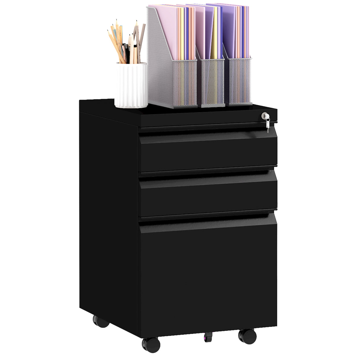 Vinsetto 3-Drawer Filing Cabinet with Lock, Mobile Steel File Cabinet for A4, Legal and Letter Size, Under Desk Drawers with Pre-Assembled Body for Home Office, 37 x 43.5 x 60 cm, Black