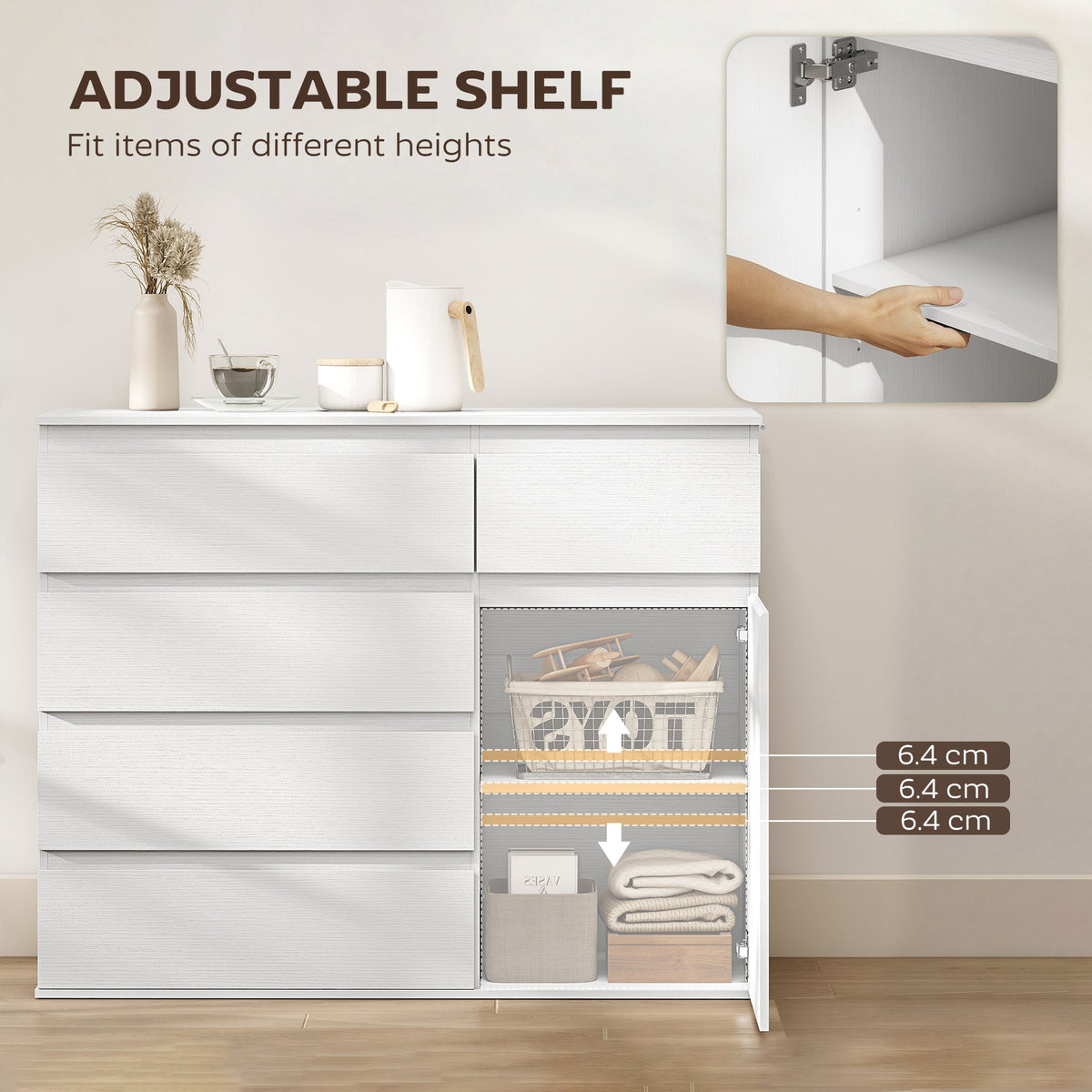 HOMCOM Modern Chest Of Drawers, 5 Drawer Dresser with Adjustable Shelf, Soft-Close Door, White