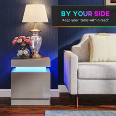 HOMCOM Grey Bedside Table with LED Light, High Gloss Front Nightstand with 2 Drawers, for Living Room, Bedroom
