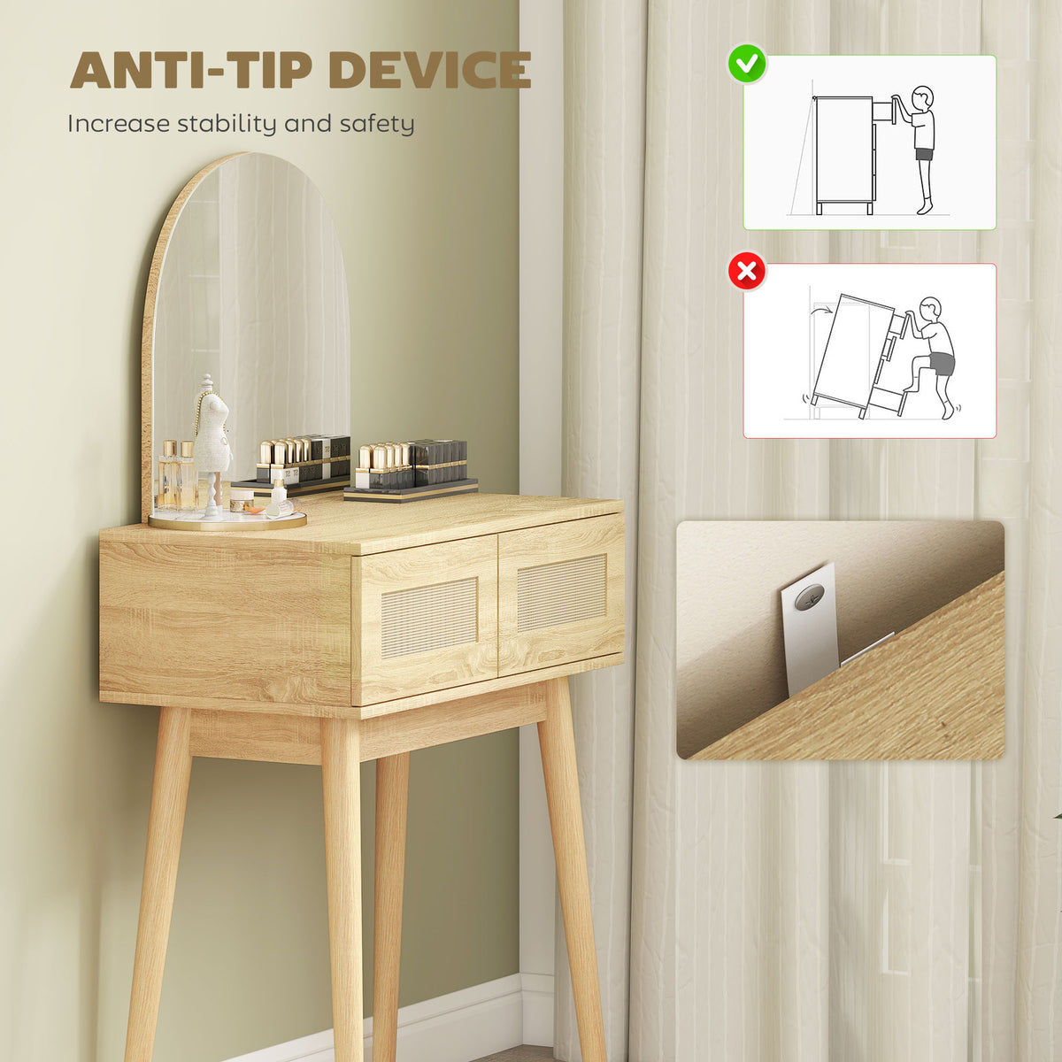 HOMCOM Dressing Table, Compact Vanity Desk with Mirror and 2 Drawers, Natural Wood Finish