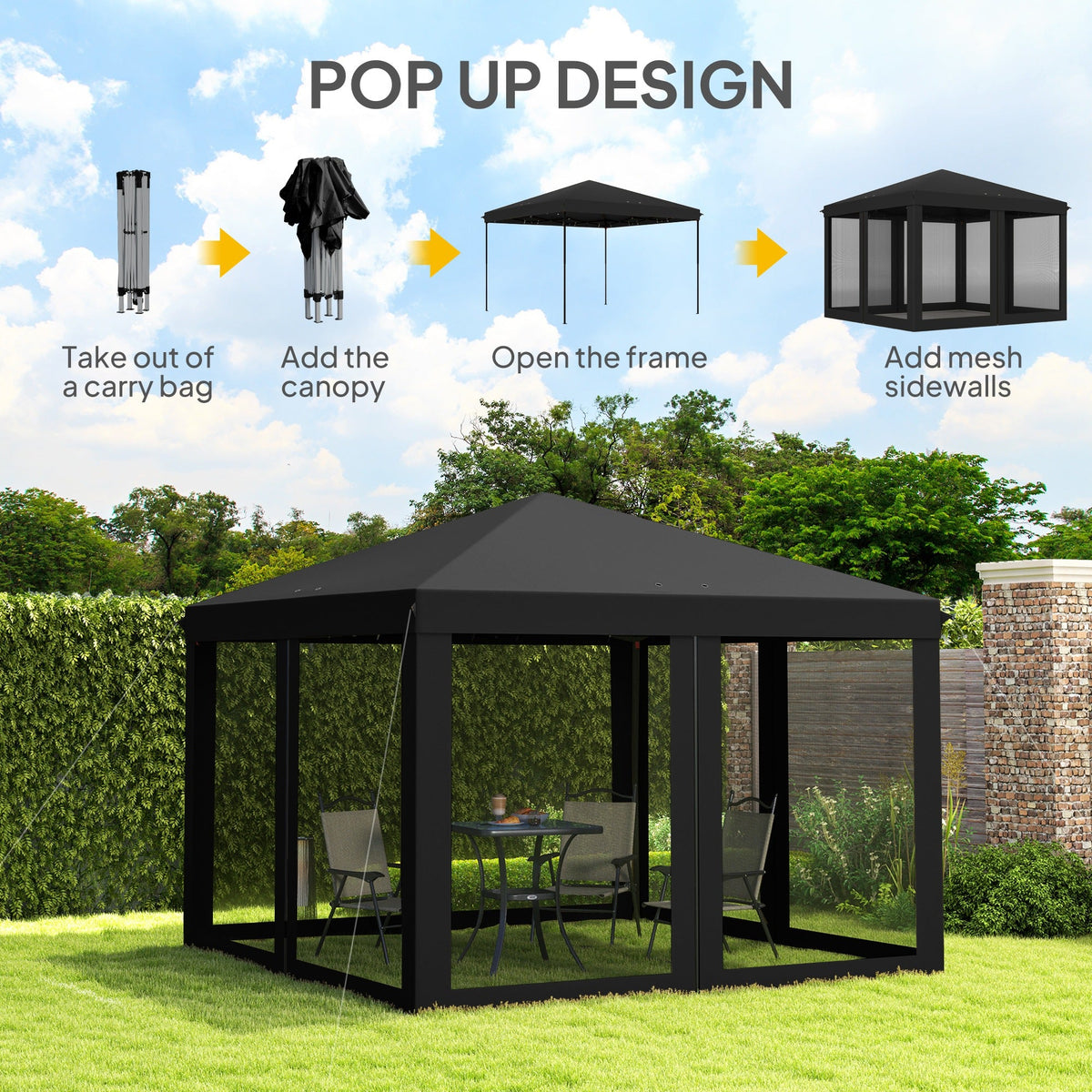 Outsunny 3 x 3Êm Pop Up Gazebo, 420D Garden Tent Canopy with Removable Mesh Sidewall Netting, Carry Bag for Garden Patio