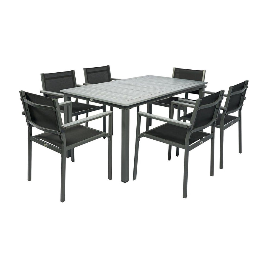Outsunny Garden Dining Set with Acacia Wood Table Top, Outdoor Table and Stackable Chairs Set for 6 with Texteline Seat, for