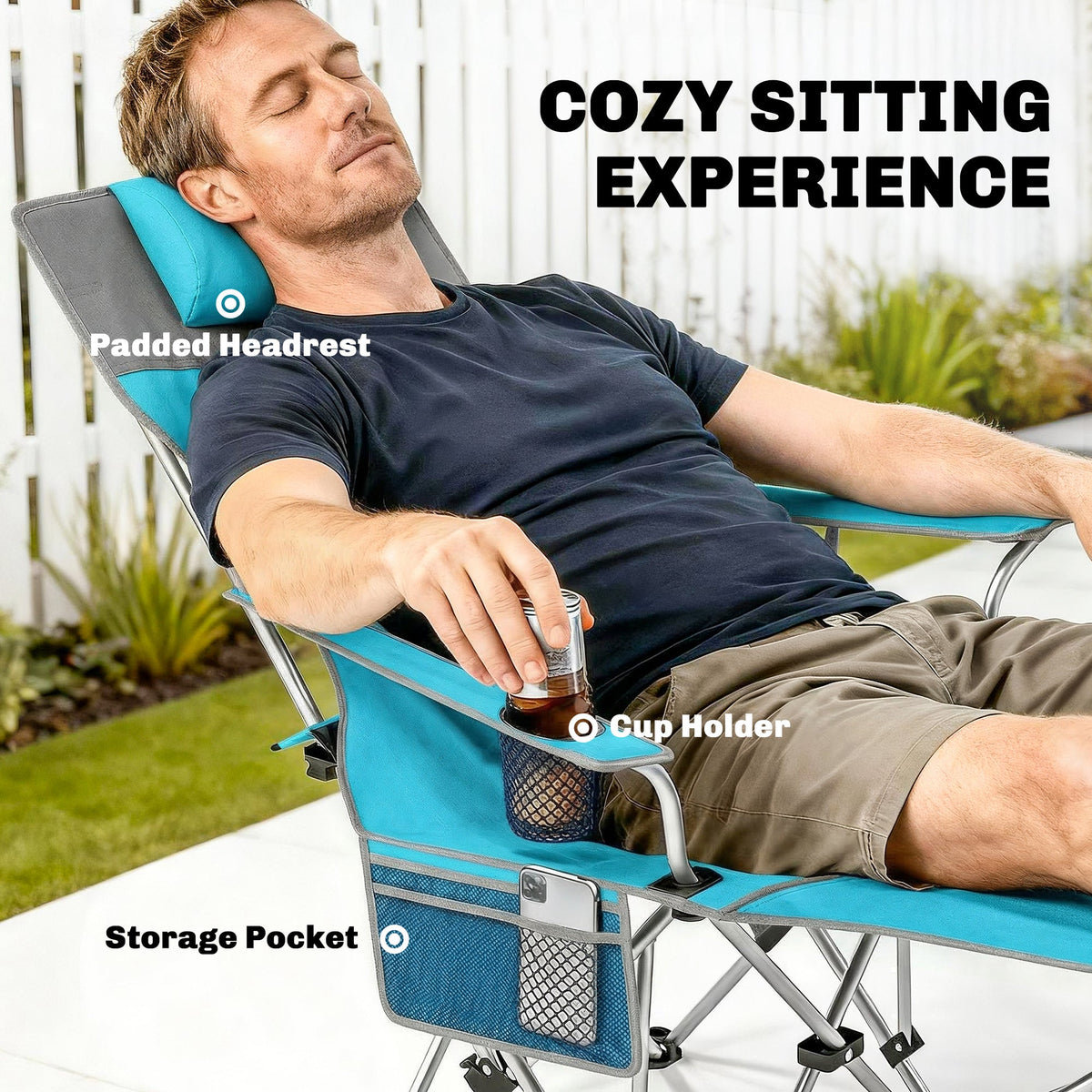 Outsunny Set of 2 Reclining Folding Camping Chair w/ Detachable Footrest, Storage Bag, Cup Holder & Headrest, Blue and Grey