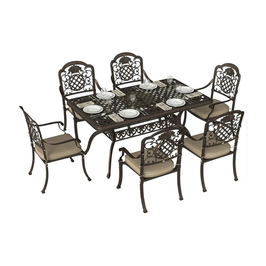 Outsunny Garden Dining Set for 6, Cast Aluminium Outdoor Table and Chairs Set with Cushions, Parasol Hole for Patio, Bronze