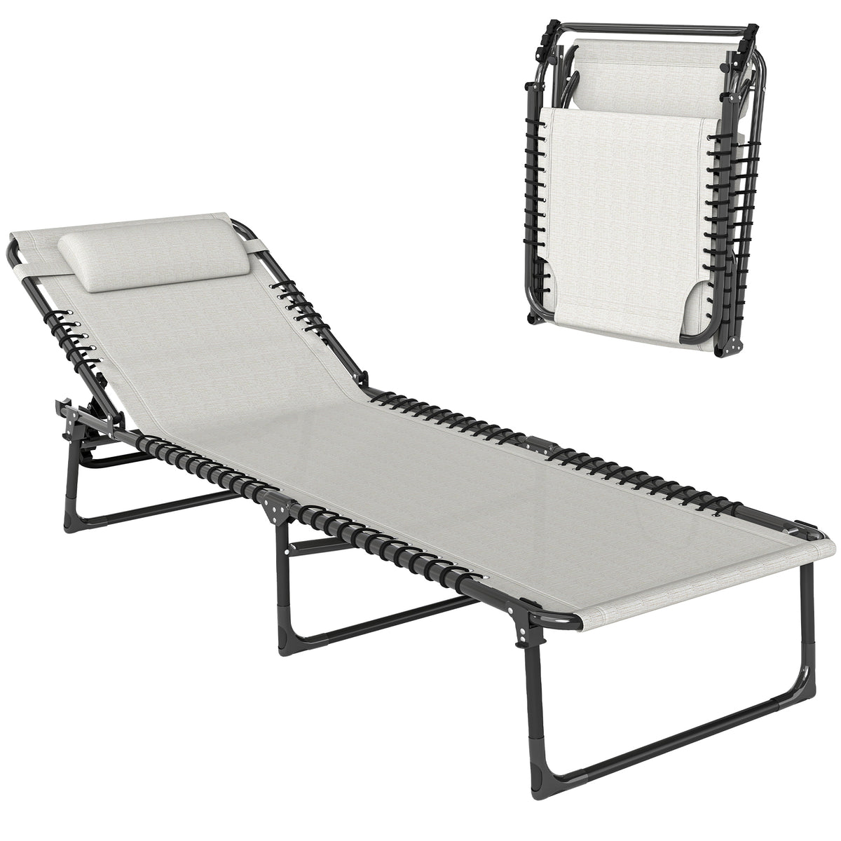 Outsunny Foldable Sun Lounger, Outdoor 4 Level Adjustable Backrest Reclining Chaise Chair, Steel Frame Recliner Chair for Camping, Hiking, Cream White