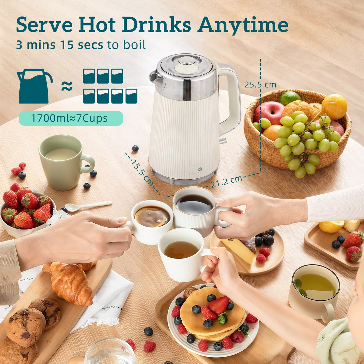 HOMCOM Electric Stainless Steel Kettle and Toaster Set, 3000W 1.7L UK Strix Thermostat Fast Boil Kettle w/ Limescale Filter, Cool Touch Body, 4 Slice Toaster with 7 Browning Levels, Crumb Tray, Cream