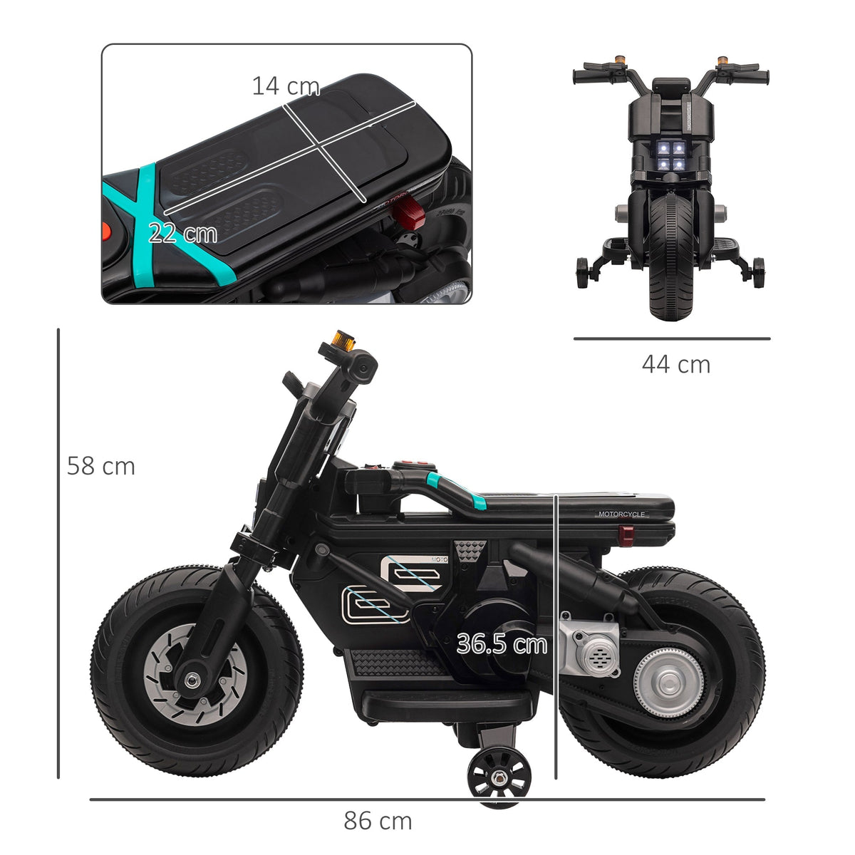 Size diagram of the black kids electric motorbike showing dimensions