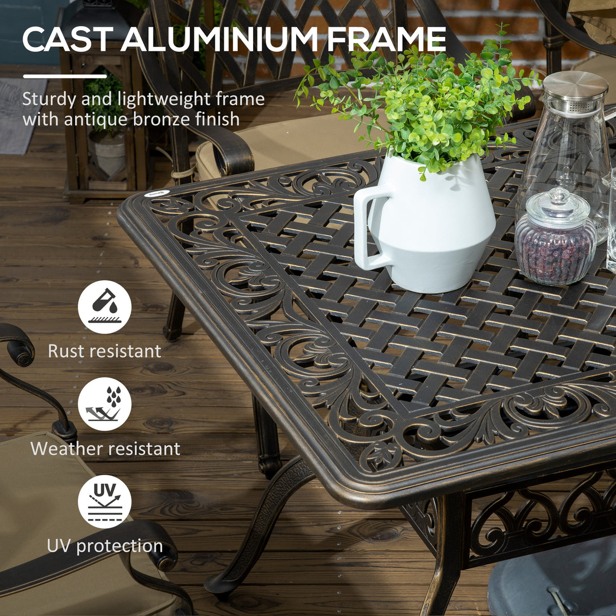 Outsunny 7 PCs Garden Patio Dining Set with Parasol Hole, Cast Aluminium Outdoor Furniture Set with Six Cushioned Chairs and
