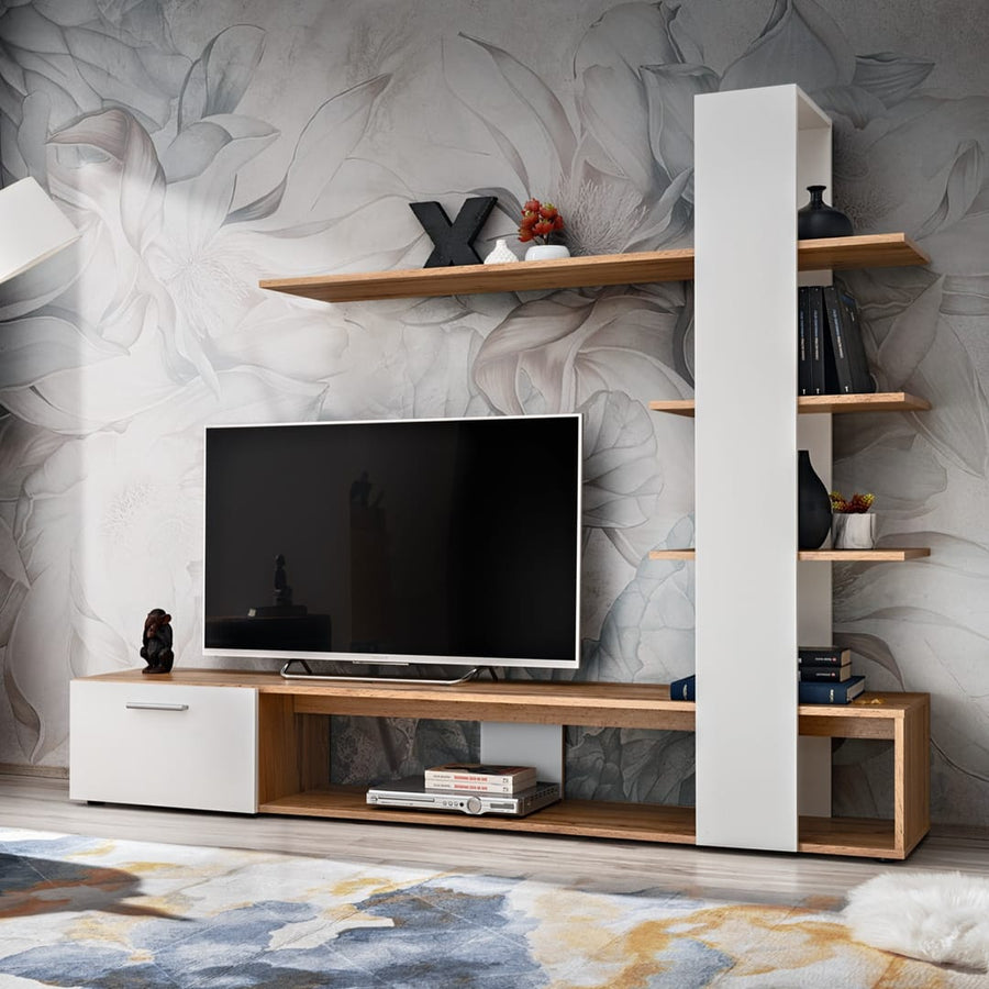 Eco Entertainment Unit For TVs Up To 58" with a white drawer and wood effect shelves and a TV on it