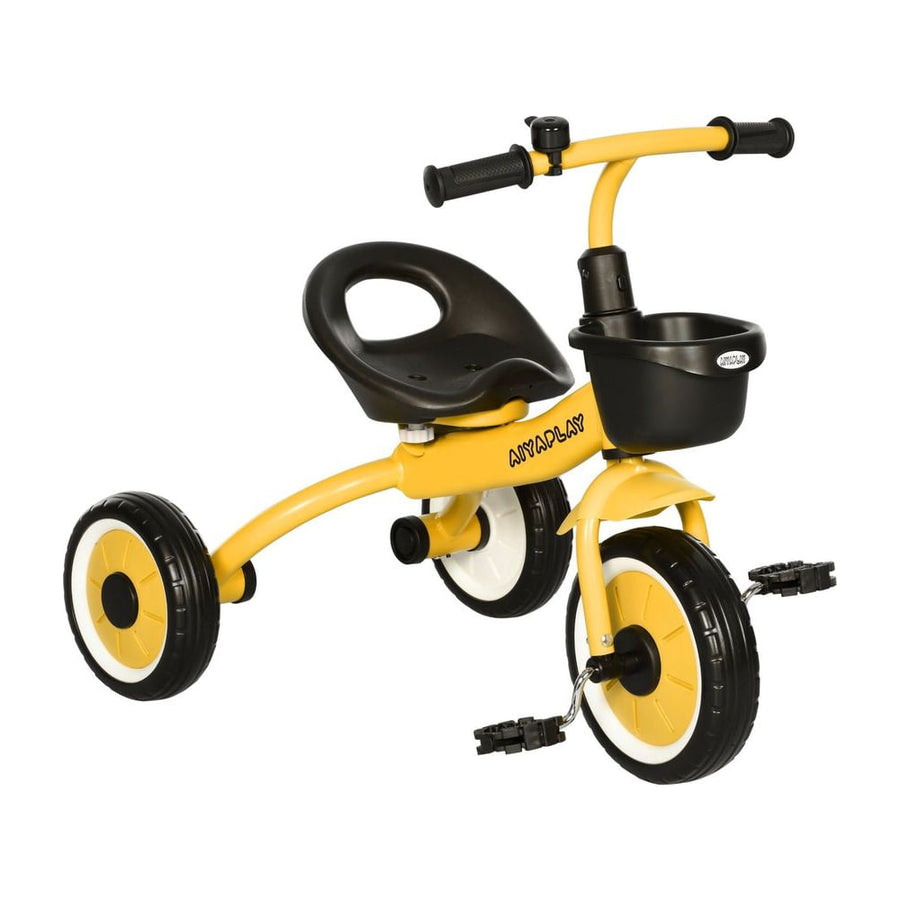 AIYAPLAY Kids Trike in yellow with a black seat, front basket, bell and pedals on a white background