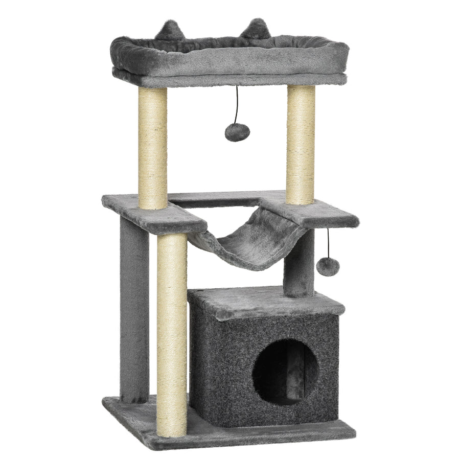PawHut Cat Tree, 90cm Cat Tower with Sisal Scratching Posts, Cat Condo, Hammock, Top Perch and 2 Hanging Toys for Cats, Grey
