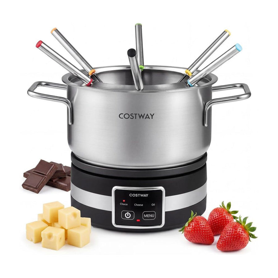 Electric Fondue Pot Set with stainless steel bowl, forks, chocolate and cheese on a white background