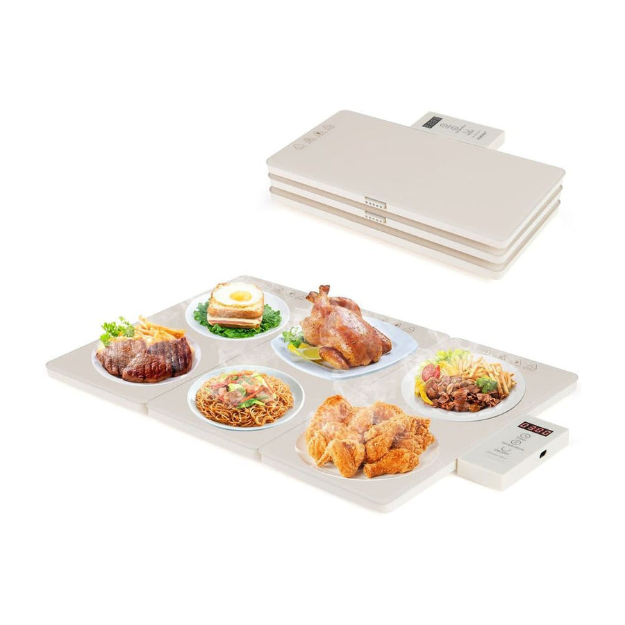 Electric Food Warming Tray with Adjustable Temperature Control shown folded and fully extended