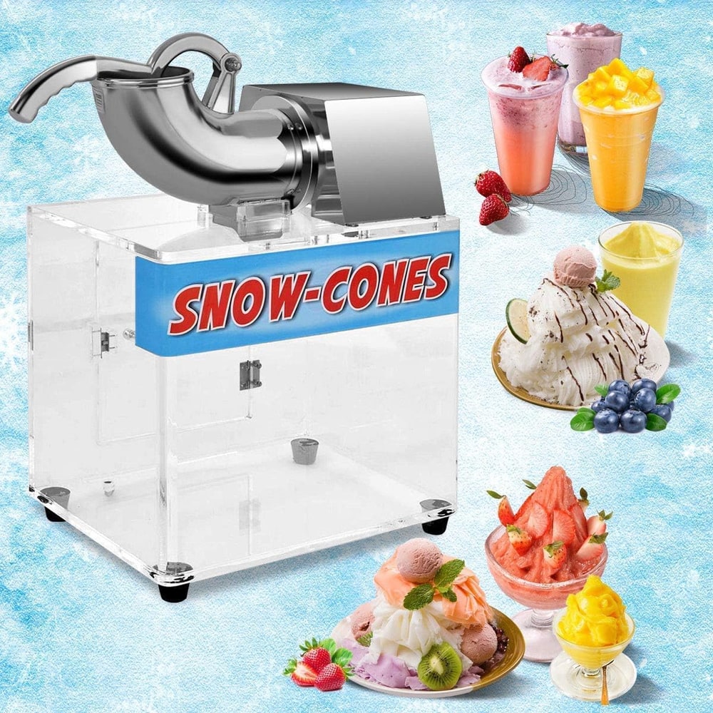 The electric snow cone maker surrounded by colourful drinks and desserts