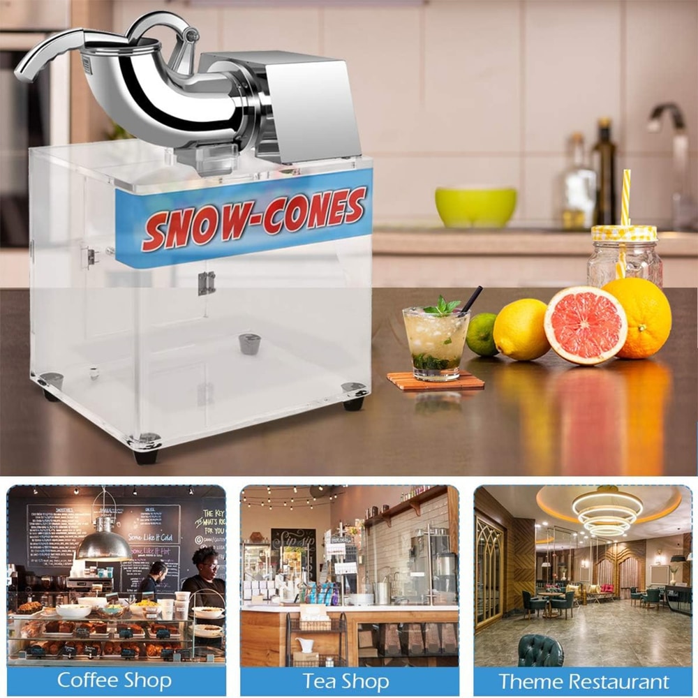 The electric snow cone maker shown in different commercial settings