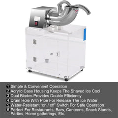 The electric snow cone maker with a list of its key features and benefits