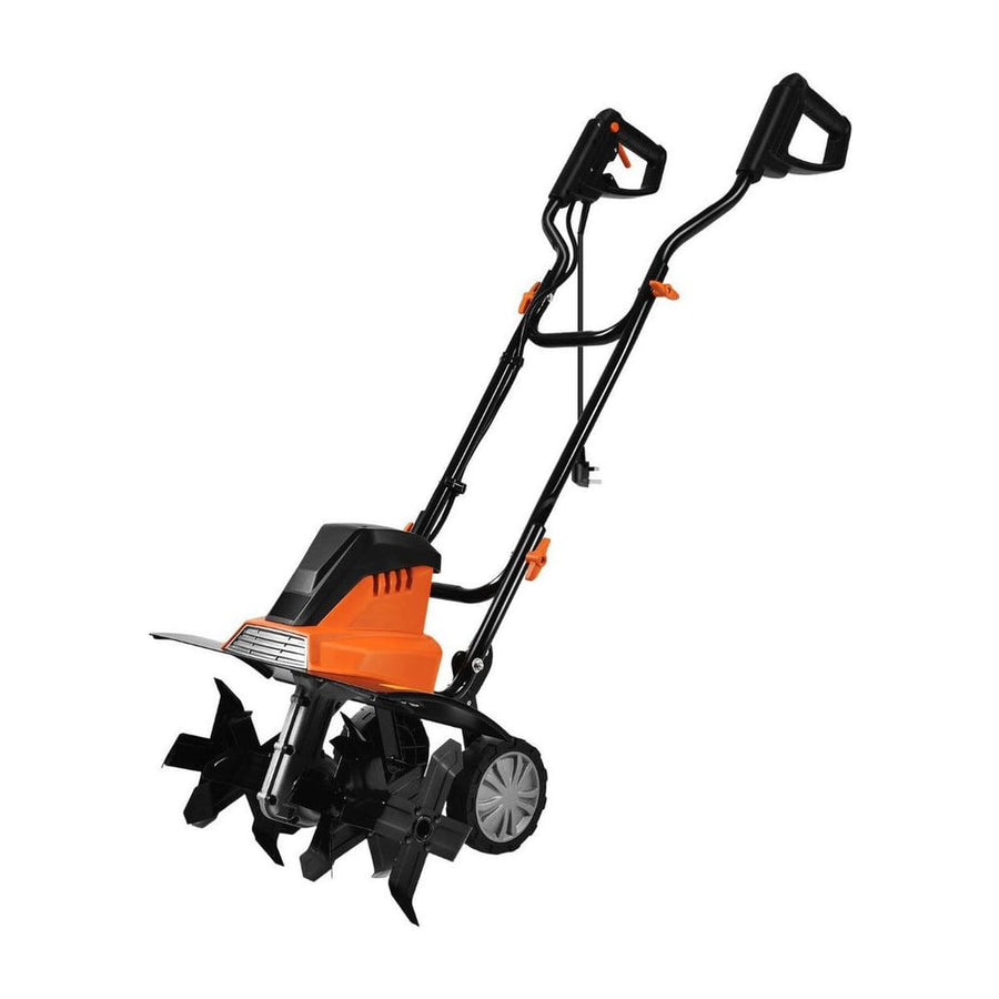 Electric Tiller and Cultivator with an orange motor housing and black metal handle frame