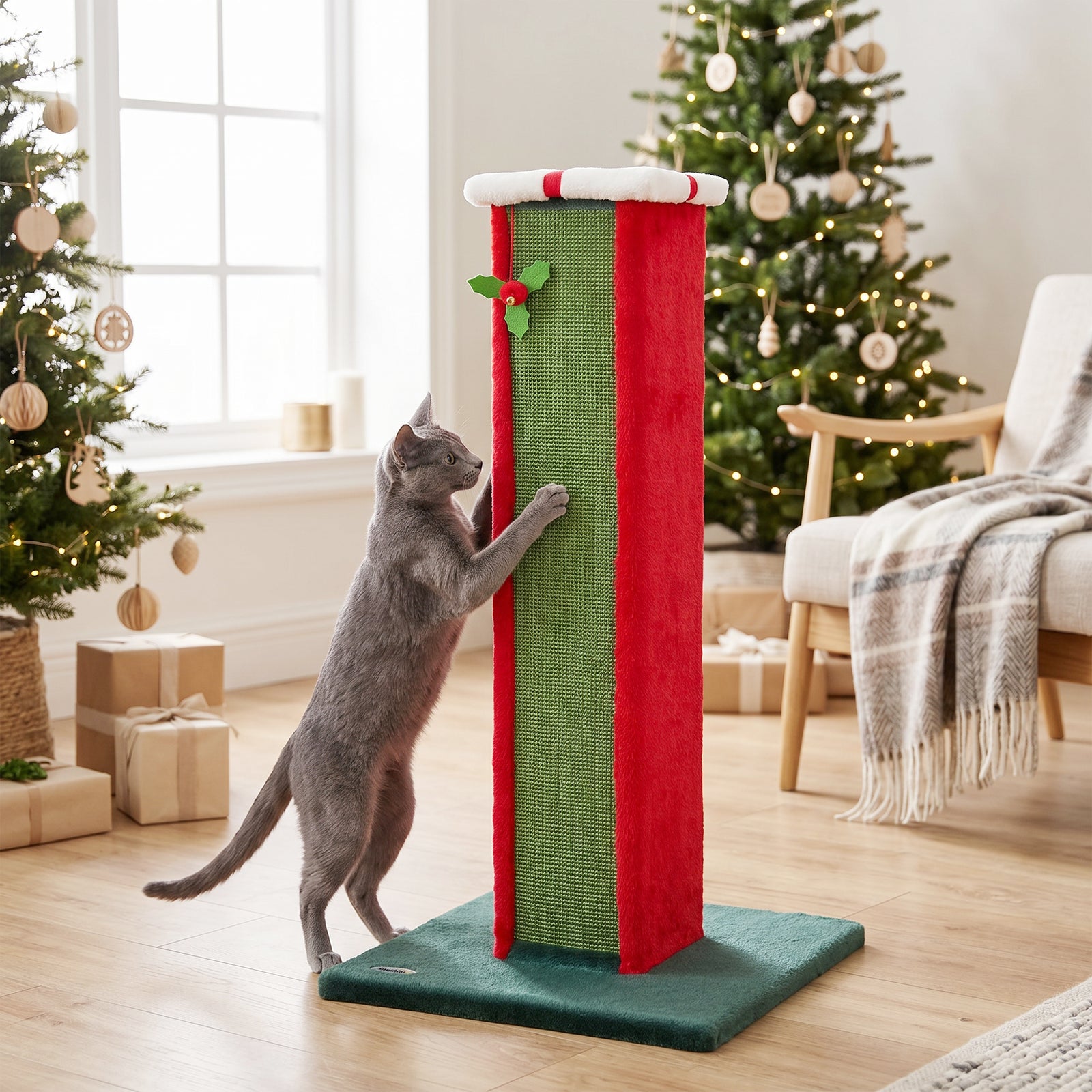 PawHut Cat Scratching Post for Indoor Cats, 81cm Tall Cat Scratcher with Sisal Rope, Hanging Bell Toy, Stable Base, Green & Red