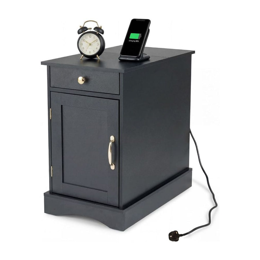 End Table Narrow Nightstand Bedside Table with Charging Station-Black