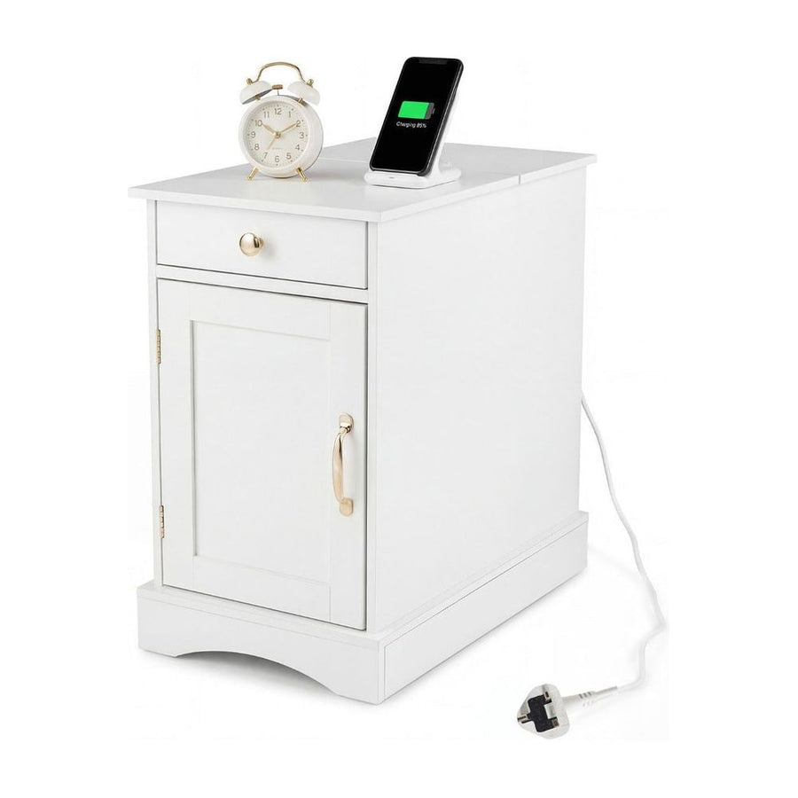 End Table Narrow Nightstand Bedside Table with Charging Station-White