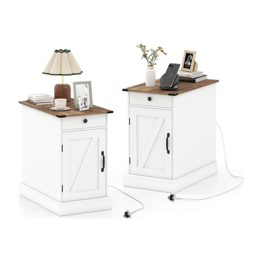 End Table Set of 2 with Charging Station and Storage Drawer-White, two white nightstands with wood tops and charging ports