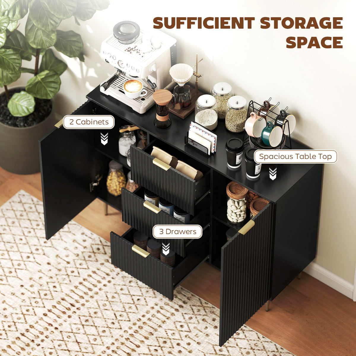 HOMCOM 2-Door Sideboard with 3 Drawers and Adjustable Shelves - Black