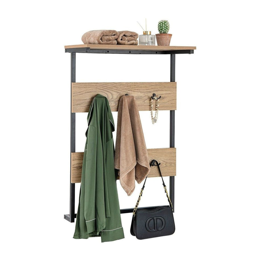 Entryway Wall Coat Rack with 6 Hooks and Display Shelf-Natural