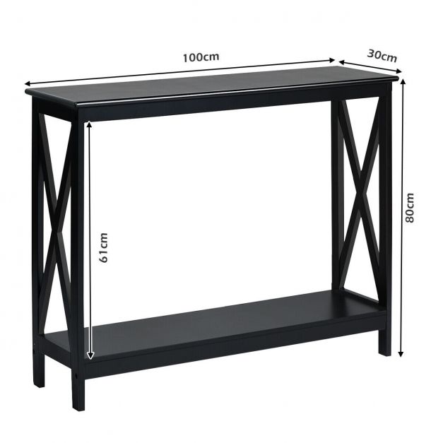 The console table showing height and width dimensions on a plain background