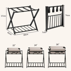 The folding suitcase stand showing open and closed dimensions with luggage