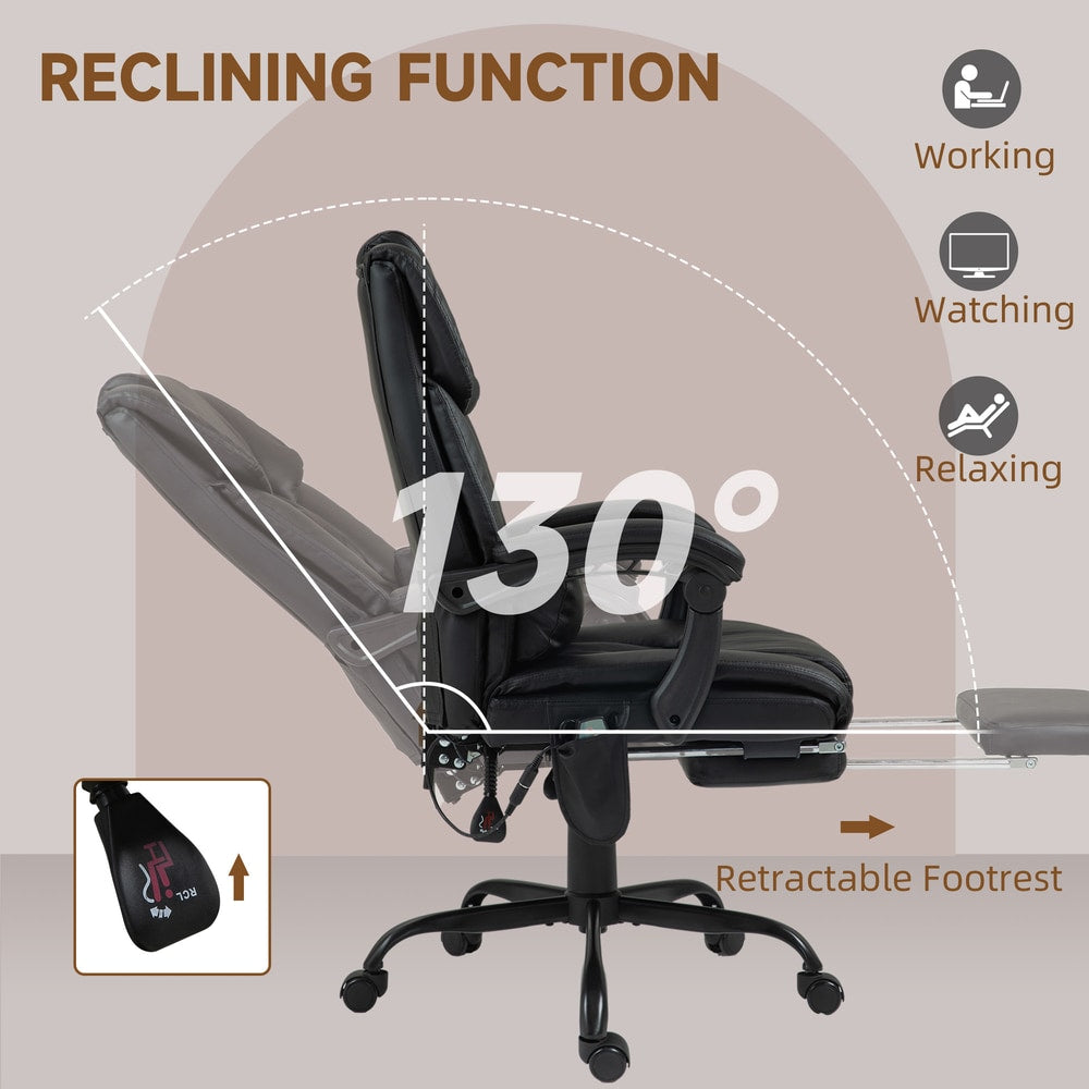 Black PU leather office chair showing reclining function and retractable footrest