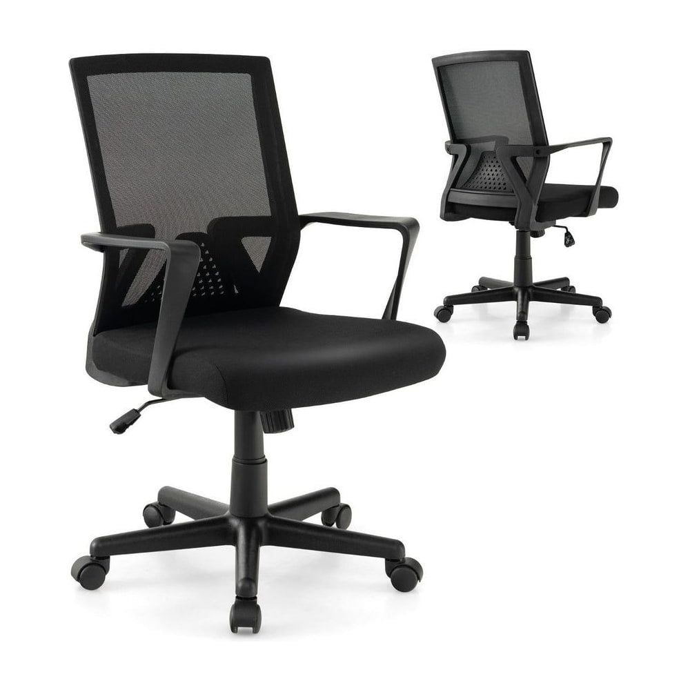 Ergonomic Desk Chair with Lumbar Support and Rocking Function in black, shown from the front and back