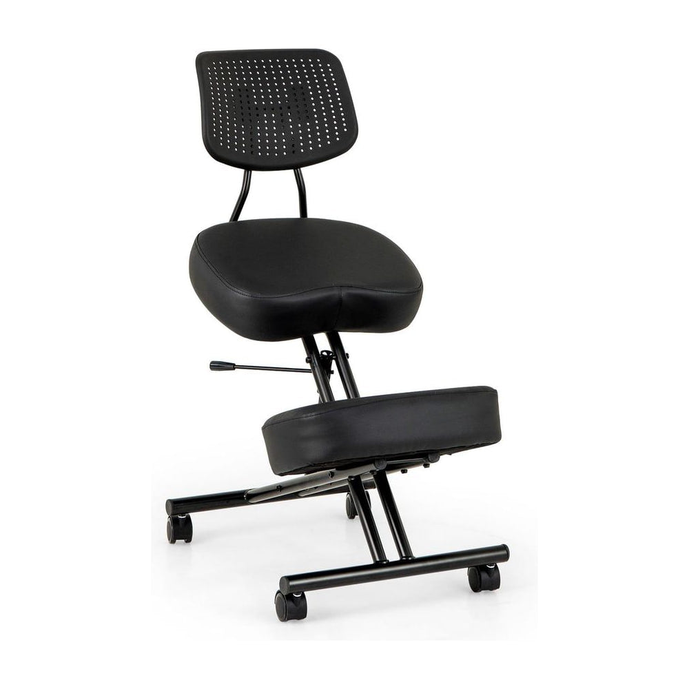 Ergonomic Kneeling Chair Posture Correction Stool with Back Support, a black chair with wheels and a backrest
