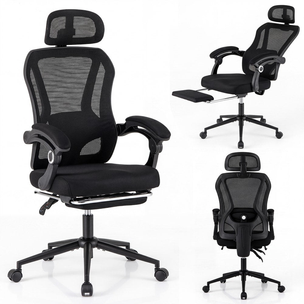 Ergonomic Mesh Office Chair with headrest and retractable footrest in black