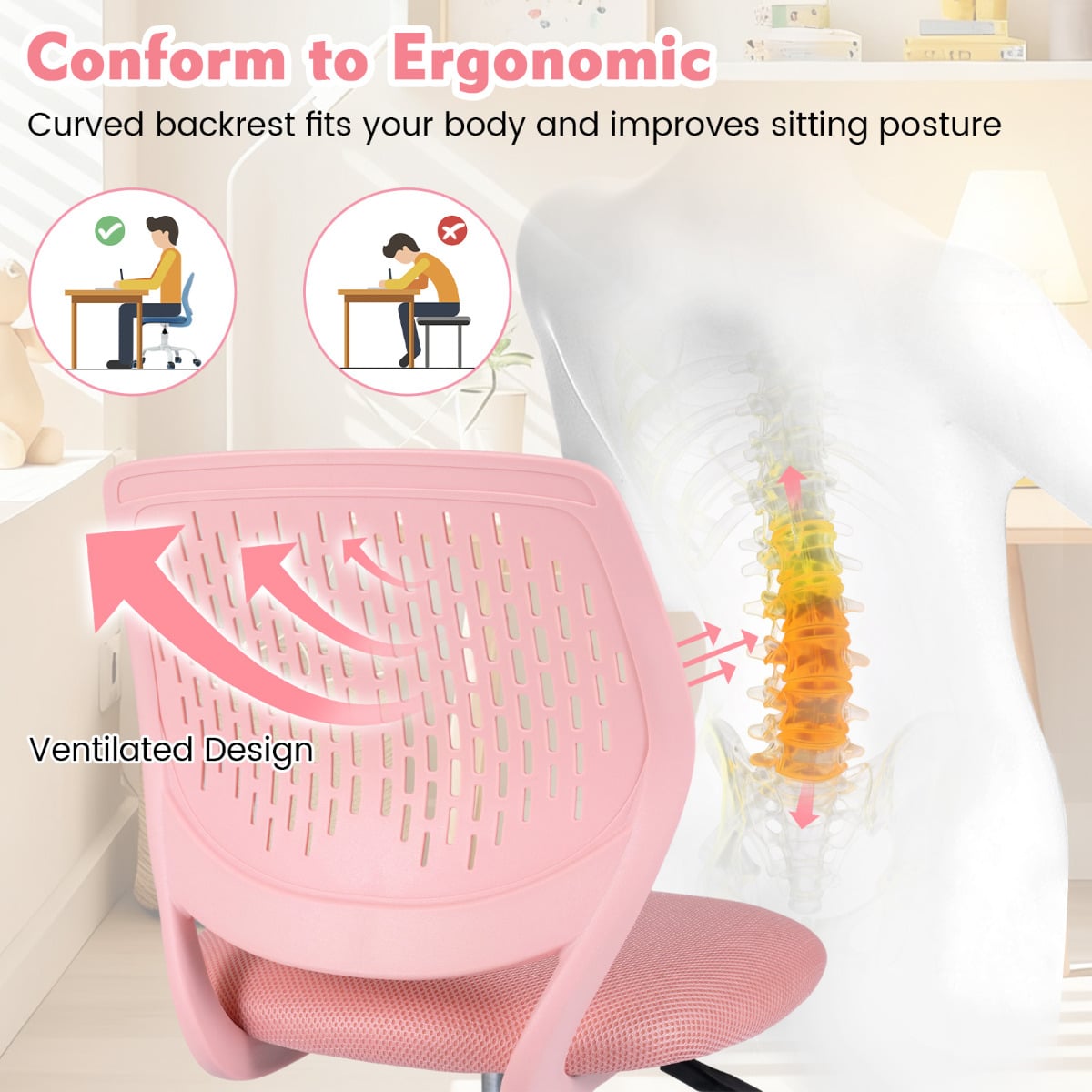 Ergonomic Children Study Chair with Adjustable Height-Pink