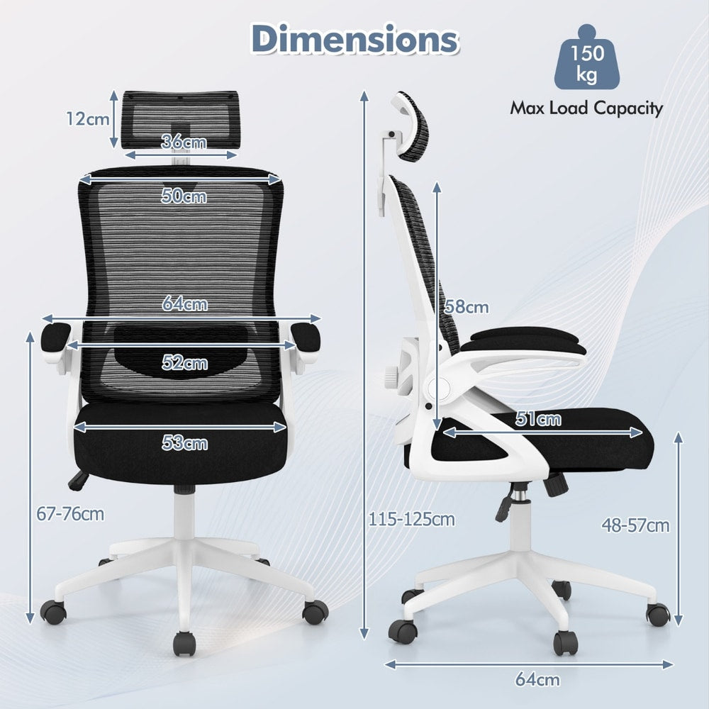 The office chair with arrows indicating height and width measurements