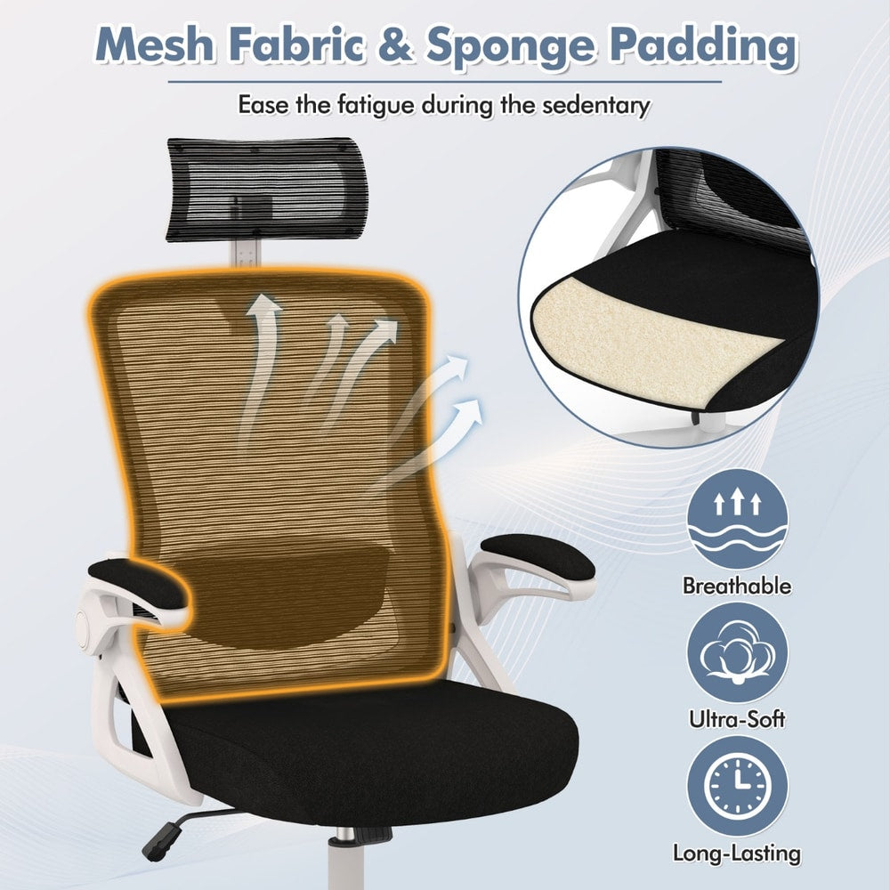The office chair showing the mesh backrest and internal sponge padding