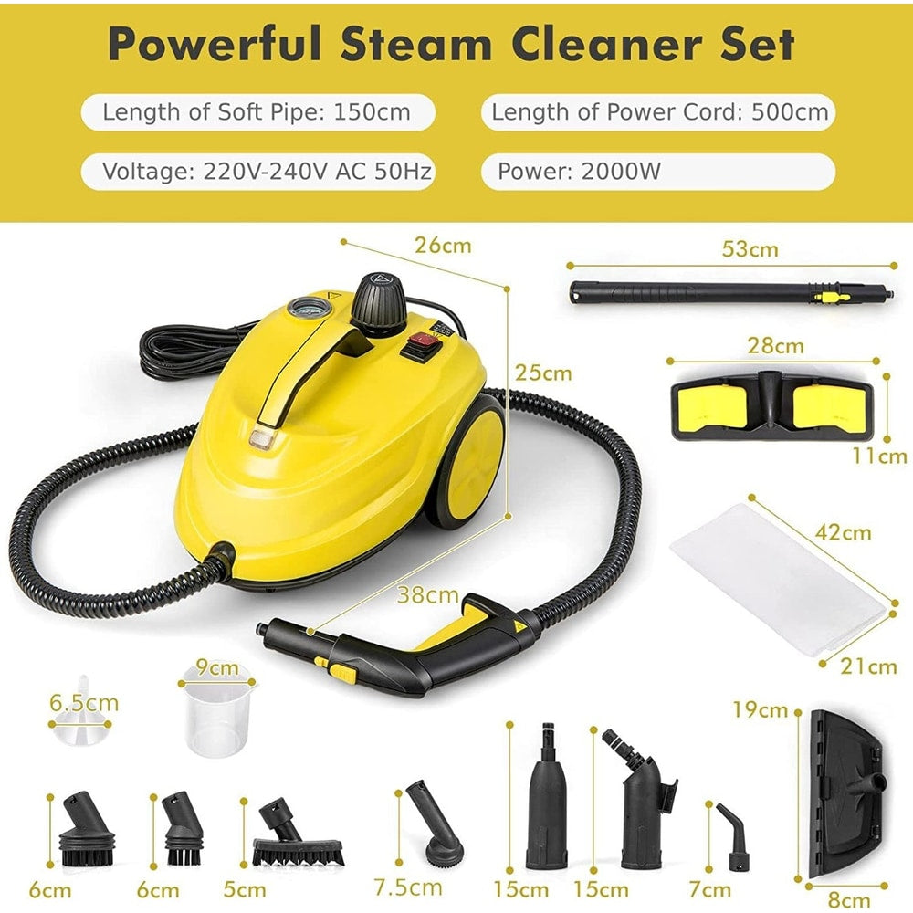 The steam cleaner shown with various components and their dimensions labelled on a yellow background