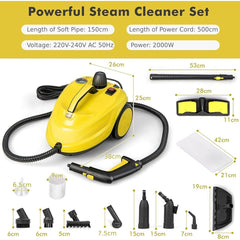 The steam cleaner shown with various components and their dimensions labelled on a yellow background