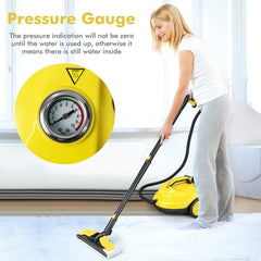 A woman using the steam cleaner on a carpet with a close-up of the pressure gauge on the unit