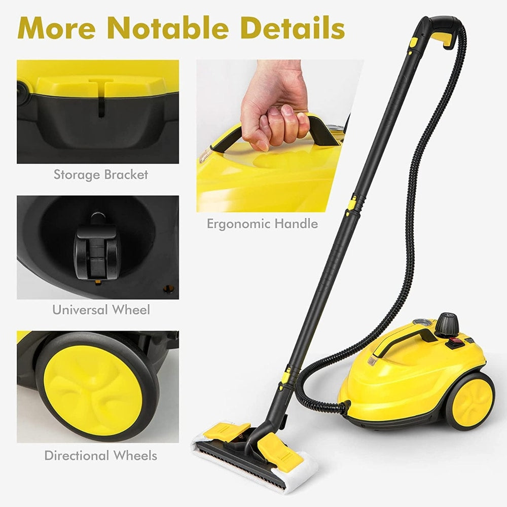 The steam cleaner with close-ups of the storage bracket, universal wheel and directional wheels