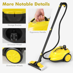 The steam cleaner with close-ups of the storage bracket, universal wheel and directional wheels