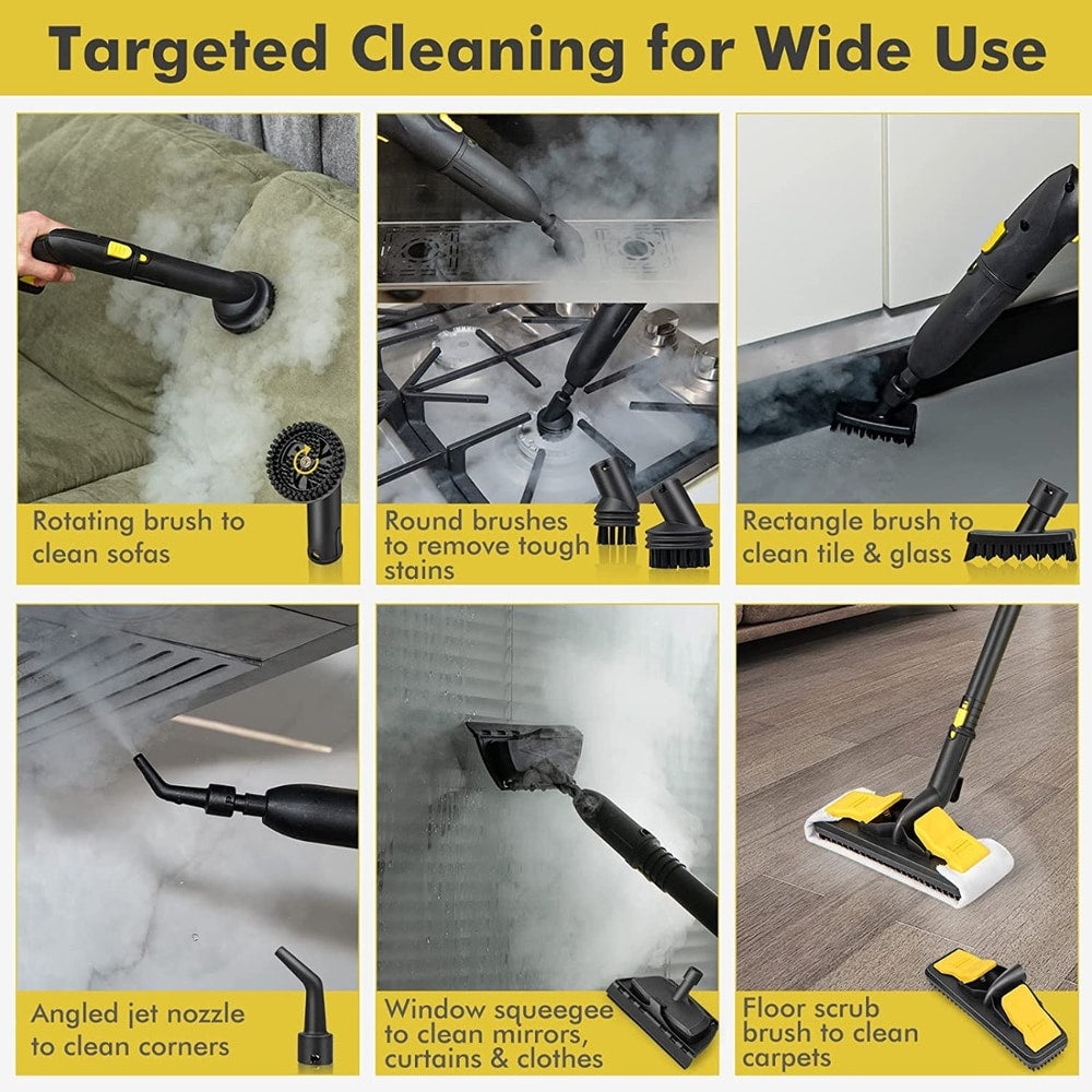 The steam cleaner shown in six different cleaning scenarios using various nozzle attachments
